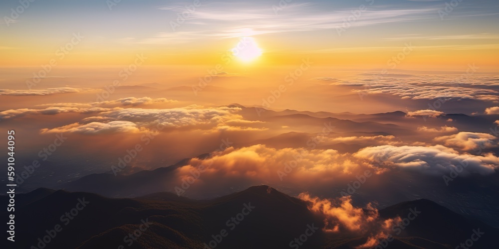 Poster top view of the sunset with clouds and mountain tops.aerial view. panoramic shot. generative ai