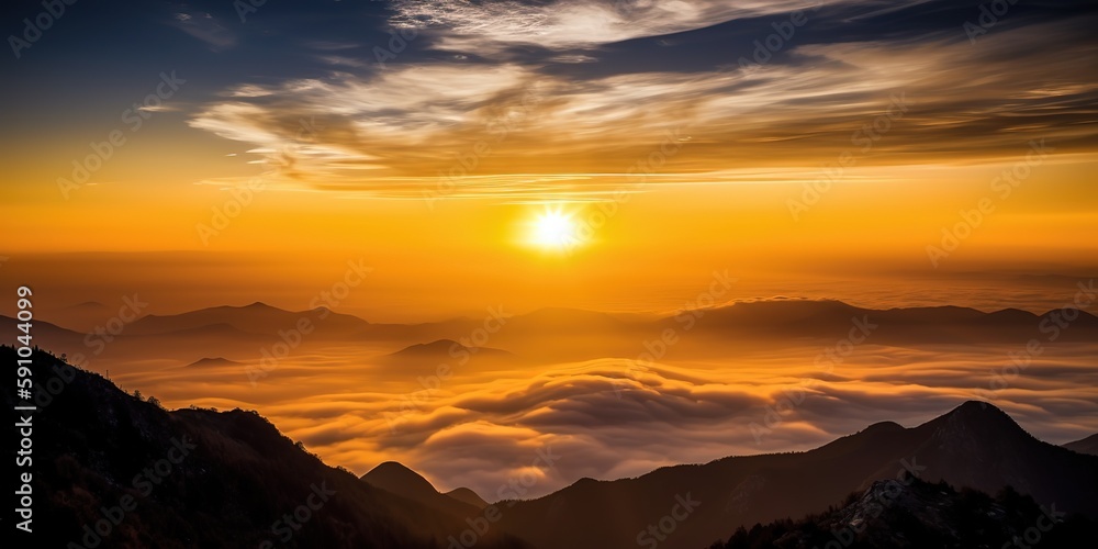 Poster top view of the sunset with clouds and mountain tops.aerial view. panoramic shot. generative ai