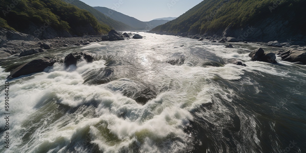 Poster view of the mountain river from a height.aerial view. panoramic shot. generative ai