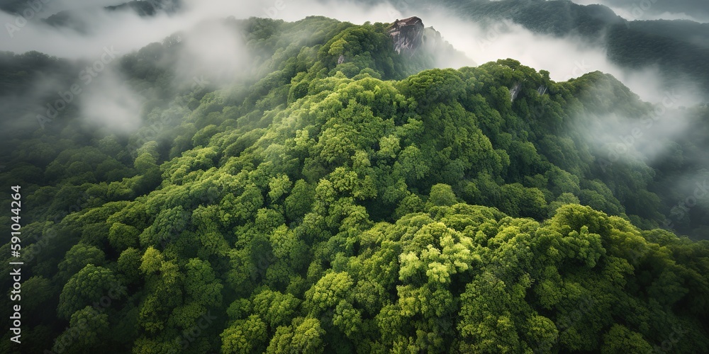 Poster A view from a height of a mountain peak with green trees in the fog.Aerial view. Panoramic shot. Generative AI