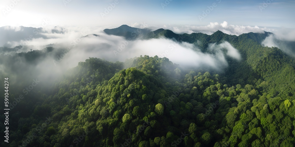 Aufkleber A view from a height of a mountain peak with green trees in the fog.Aerial view. Panoramic shot. Generative AI