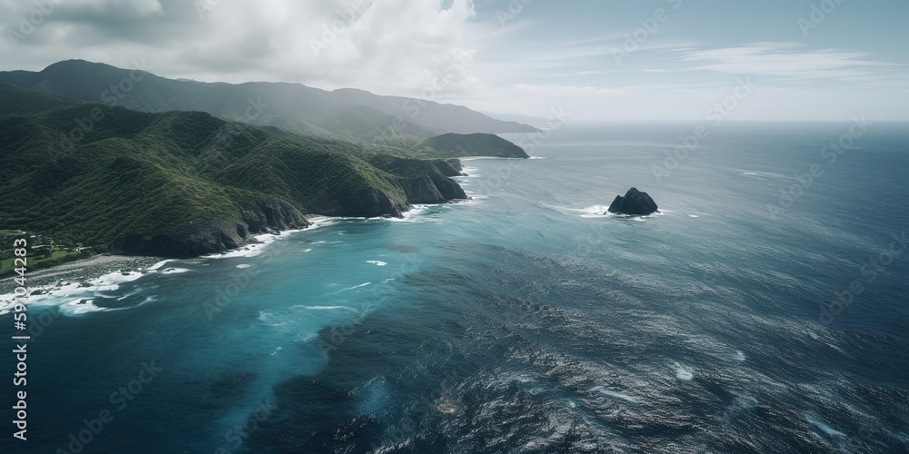 Poster View from the height of the sea with a mountain.Aerial view. Panoramic shot. Generative AI