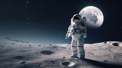 astronaut on the moon stands on the background of space. generative ai - obrazy, fototapety, plakaty