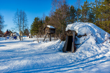 Sami village in Kiruna in Sweden. Lapland with reindeer and huts