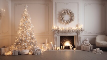 Christmas tree with gifts near the fireplace in the room. Christmas background. generative ai