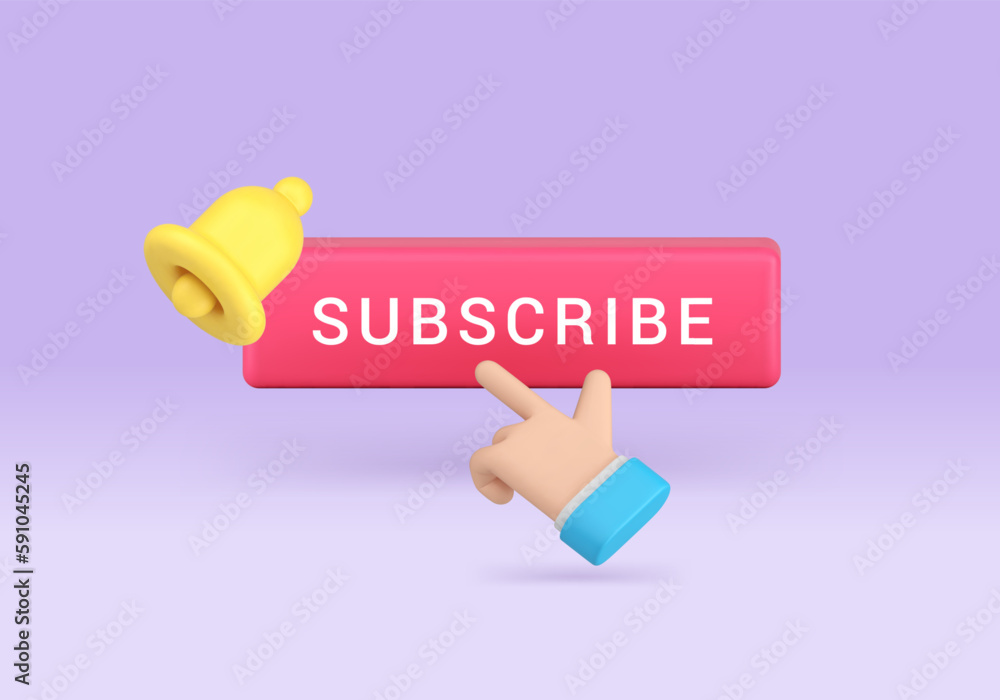 Poster subscribe button push business man hand ring bell internet alert web service click 3d icon vector