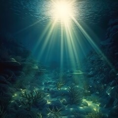 Fototapeta na wymiar Deep sea abyss barely lightened by sunlight, Generative AI