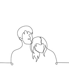 woman laid her head on the chest of a man - one line drawing vector. touch concept, couple