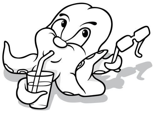 Drawing of an Octopus Drinking Lemonade and Holding Sunglasses in its Tentacle