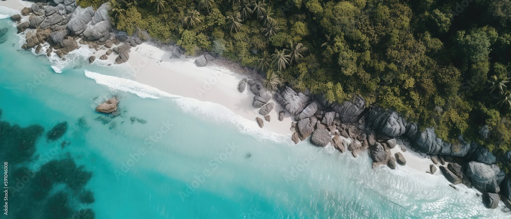 Poster a beautiful picture of a rocky beach with a cliff from above.aerial view. panoramic shot. generative