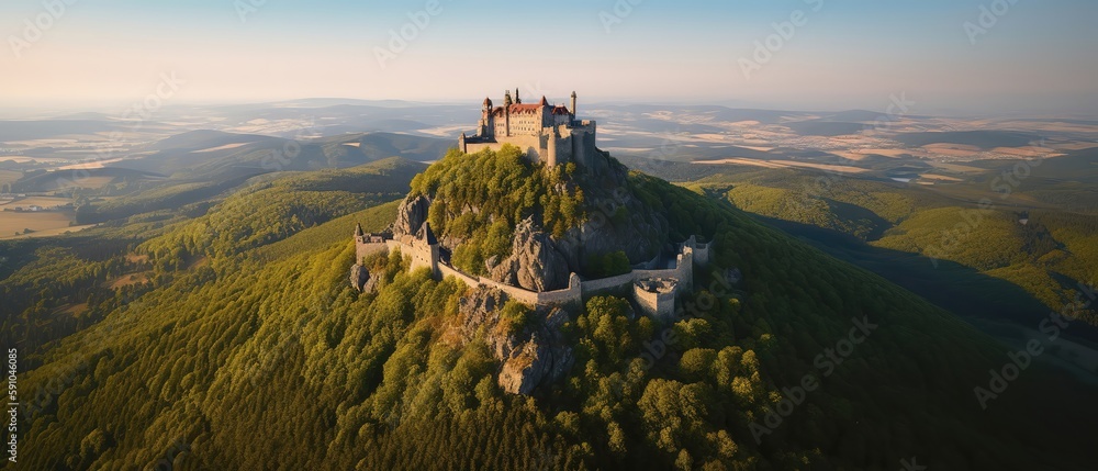 Poster View from the height of the castle on the rock.Aerial view. Panoramic shot. Generative AI