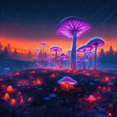 Mushrooms Neon Composition,  bioluminescence field full of magical fungi, Generative AI
