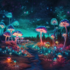 Mushrooms Neon Composition,  bioluminescence field full of magical fungi, Generative AI