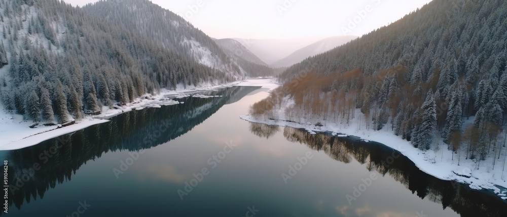 Poster View from the height of the forest and the river in the middle of the forest.Aerial view. Panoramic shot. Generative AI