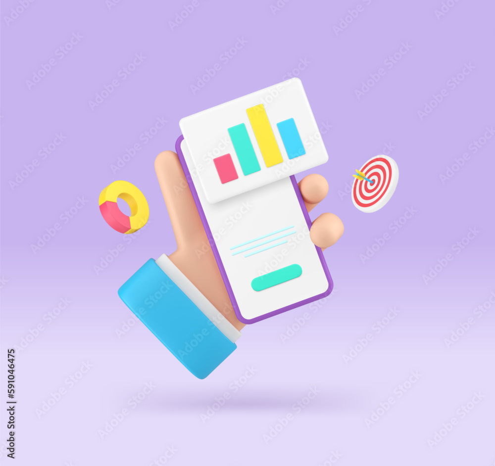Poster business analyzing smartphone application data management chart planning 3d icon realistic vector
