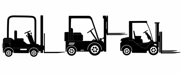 Forklift silhouette set. Heavy construction machine, logo, icon