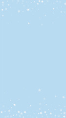 Snowy christmas background. Subtle flying snow flakes and stars on light blue winter backdrop. Delicate sweet snowy christmas. Vertical vector illustration.