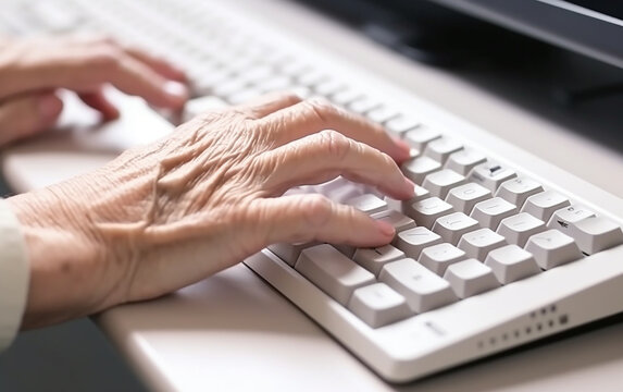Senior older hands using keyboard. Generative AI