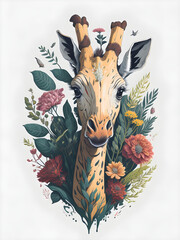 Giraffe with flower vector art, generative ai