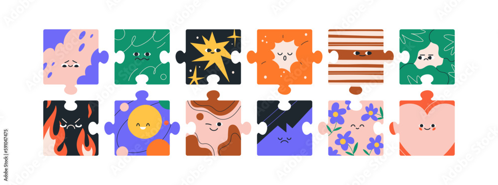 Poster cute puzzle characters set. abstract funny faces on creative jigsaw design pieces. kids game with em