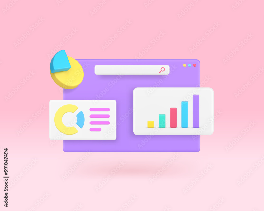 Poster business workflow data analyzing bar graph diagram internet browser 3d icon realistic vector