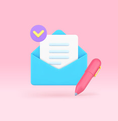 Letter writing in open envelope pen document success send postal mail delivery 3d icon vector