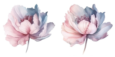 Set of watercolor flowers leaves and twigs on a white background,ai