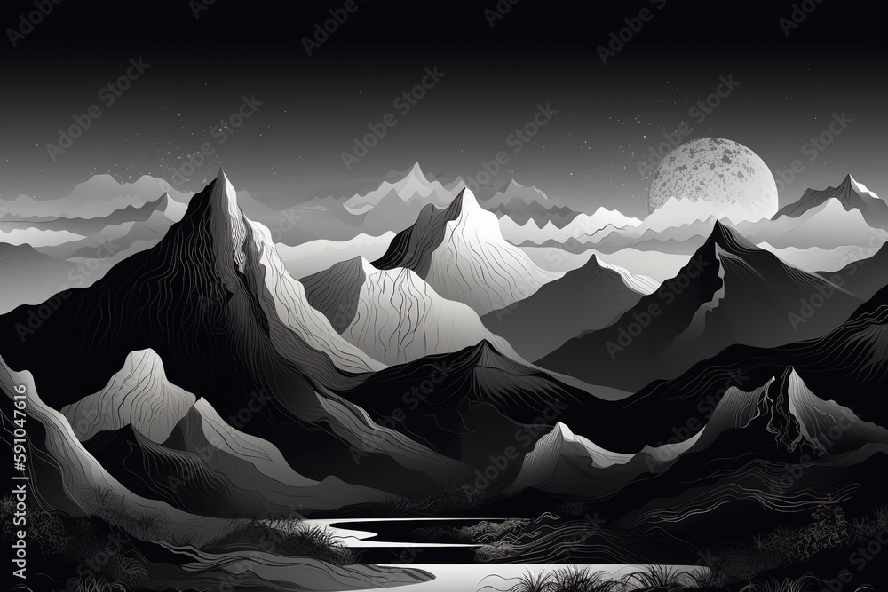 Poster abstract background of black and white mountains with the moon.beautiful, minimalistic print for you