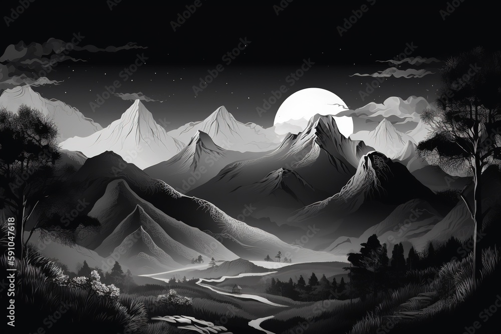 Aufkleber abstract background of black and white mountains with the moon.beautiful, minimalistic print for you