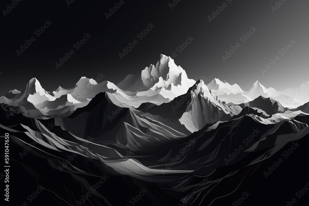 Wall mural Abstract background of black and white mountains with the moon.Beautiful, minimalistic print for your decor for postcard, congratulations and poster. Generative AI