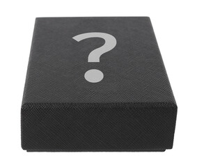 Mysterious cardboard black box closed with question mark secret container. Mystery package concept