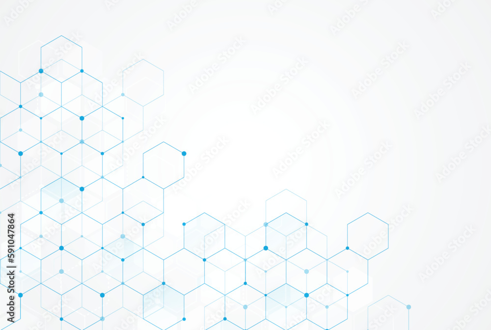Poster abstract hexagonal molecular structures in technology background and science style. medical design. 