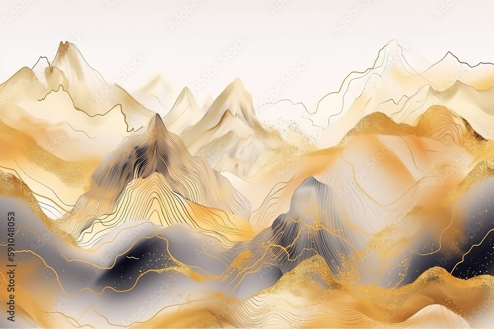 Aufkleber abstract background of mountains in beige and gray with gold elements on a white background.beautifu