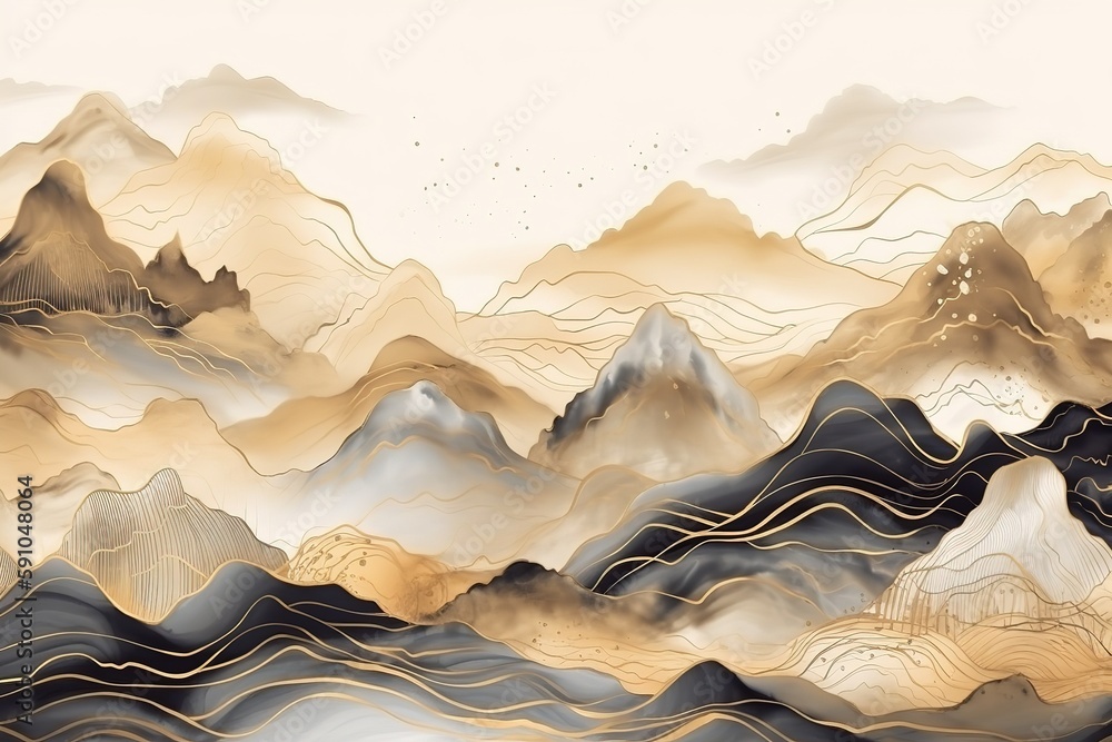 Poster abstract background of mountains in beige and gray with gold elements on a white background.beautifu