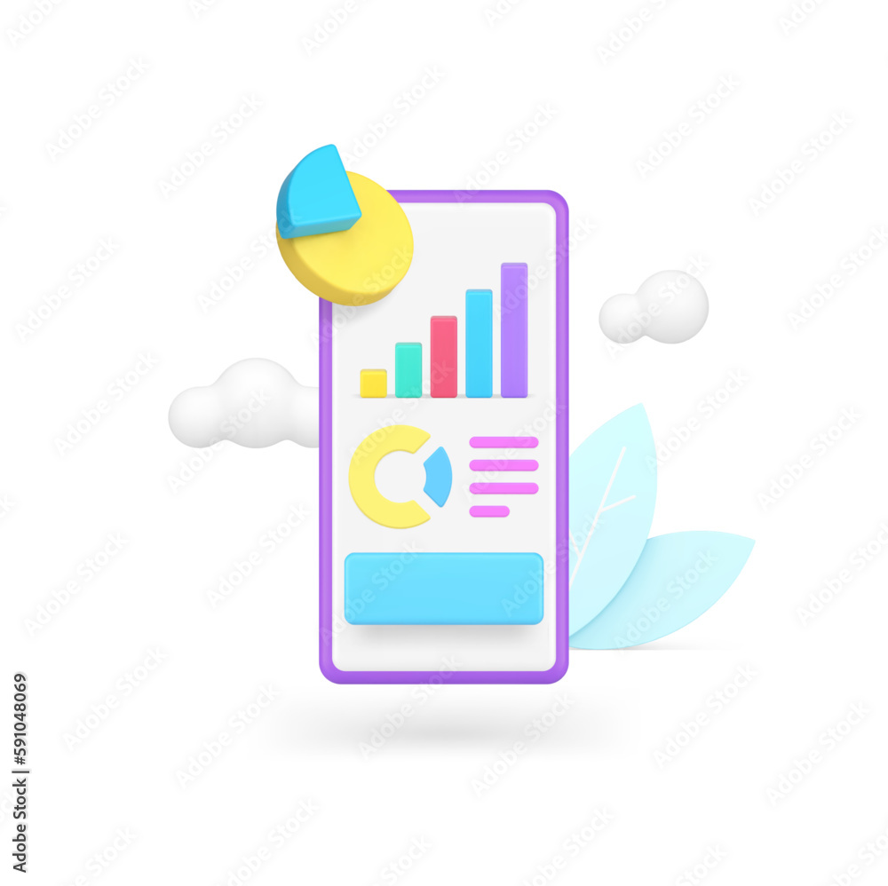 Poster business analyzing graph diagram workflow statistic chart smartphone app 3d icon realistic vector