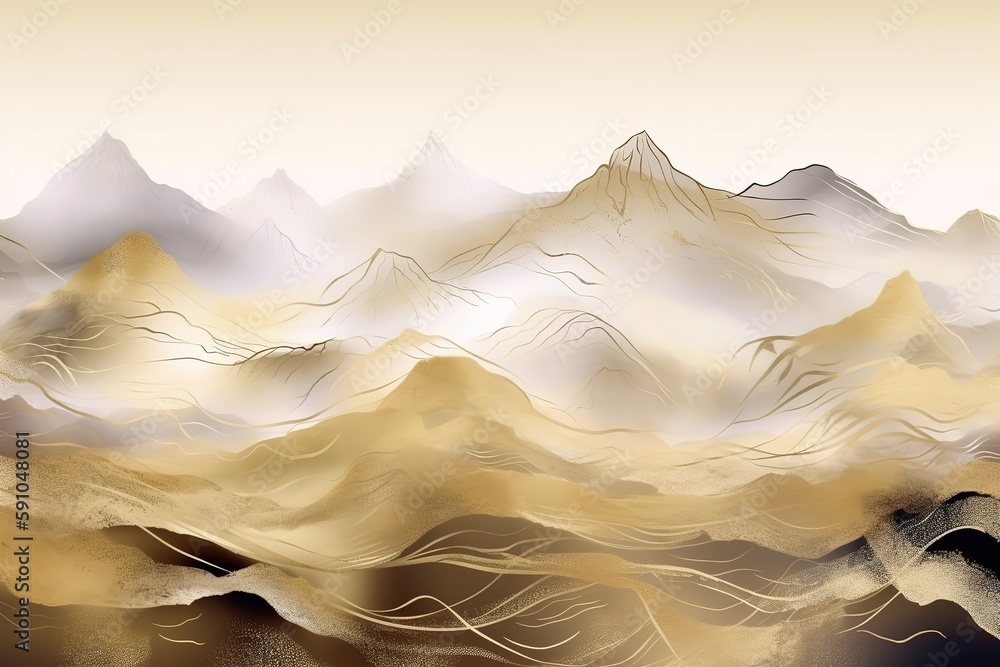 Sticker Abstract background of mountains in beige and gray with gold elements on a white background.Beautiful, minimalistic print for your decor for postcard, congratulations and poster. Generative AI