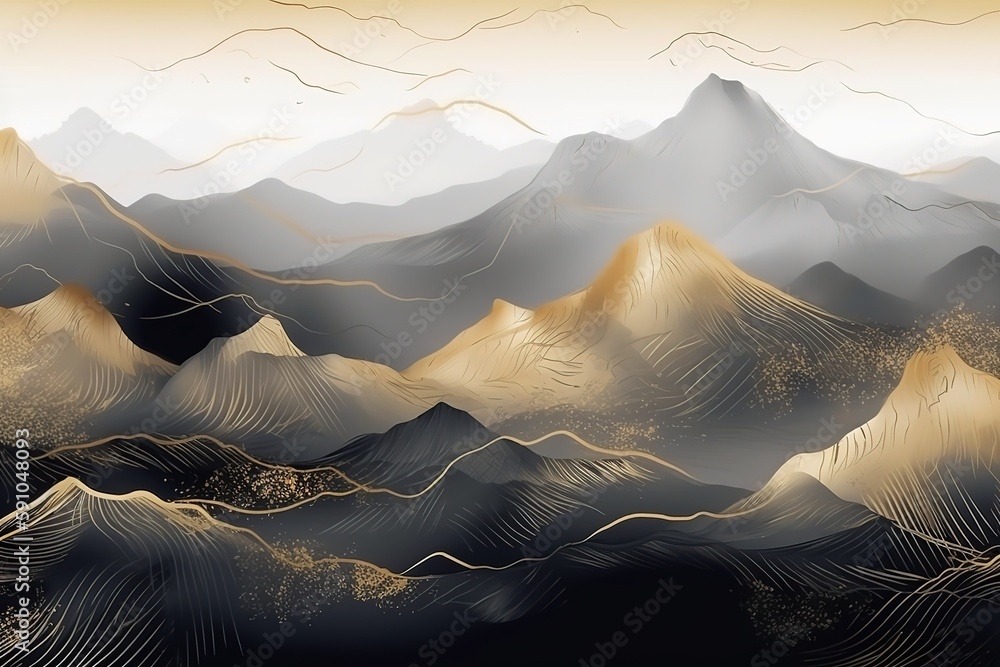 Poster abstract background of mountains in beige and gray with gold elements on a white background.beautifu