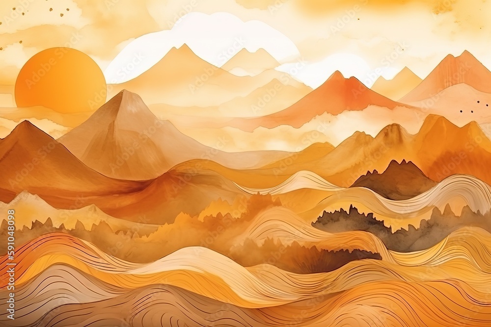 Poster abstract background of orange-red mountains with golden elements.beautiful, minimalistic print for y