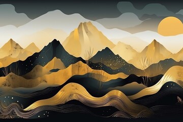 Abstract background of black mountains with golden elements.Beautiful, minimalistic print for your decor for postcard, congratulations and poster. Generative AI