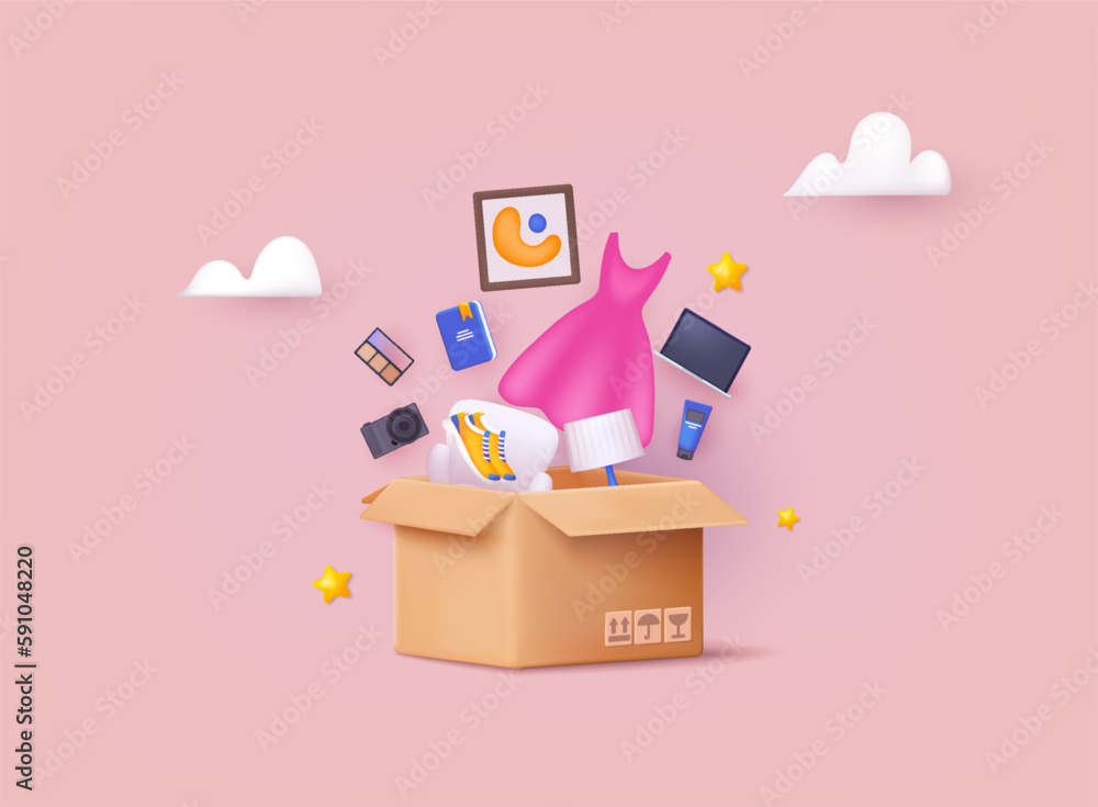 Poster delivery cargo box with shopping objects. online shopping on application and website concept, digita