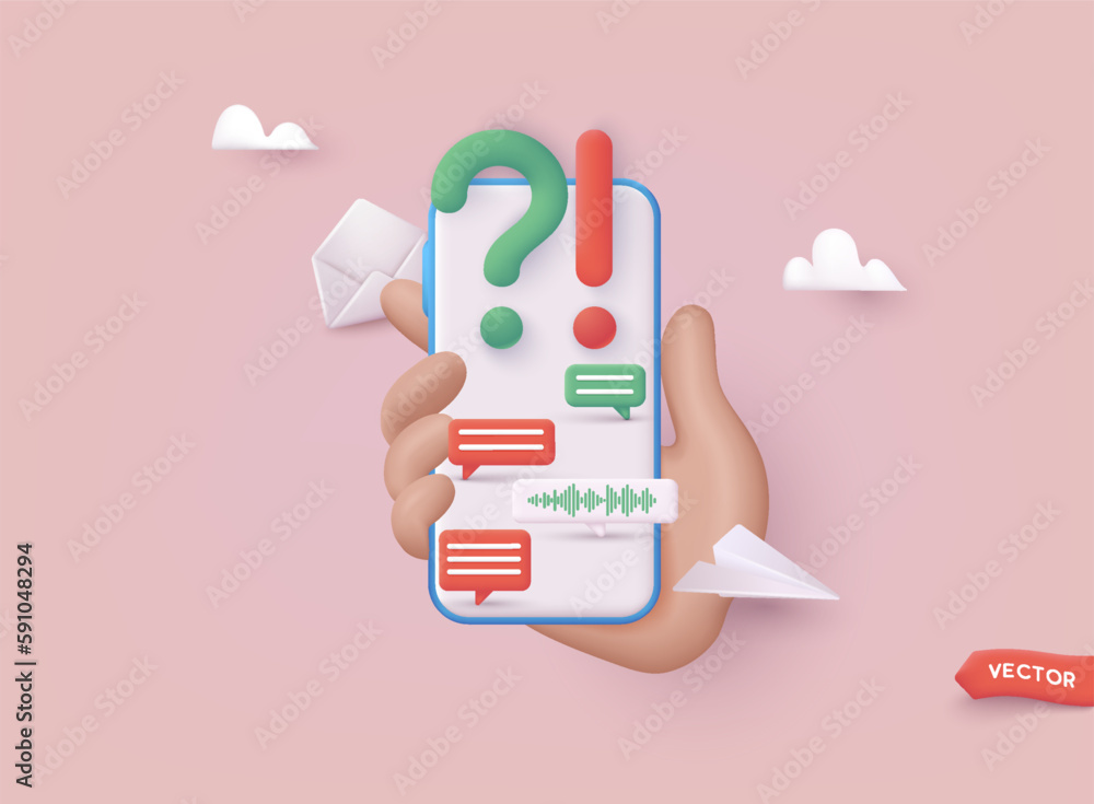 Poster question and answers concept. hand hold smartphone with support app. 3d web vector illustrations.