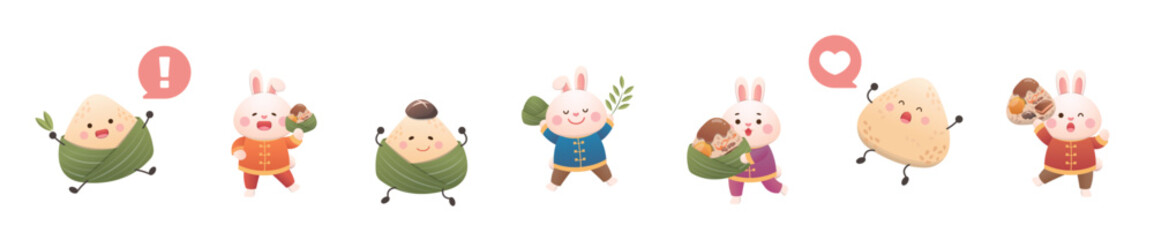 Cute mascots of Rabbit and Dragon Boat Festival Zongzi, happy to celebrate Chinese festival