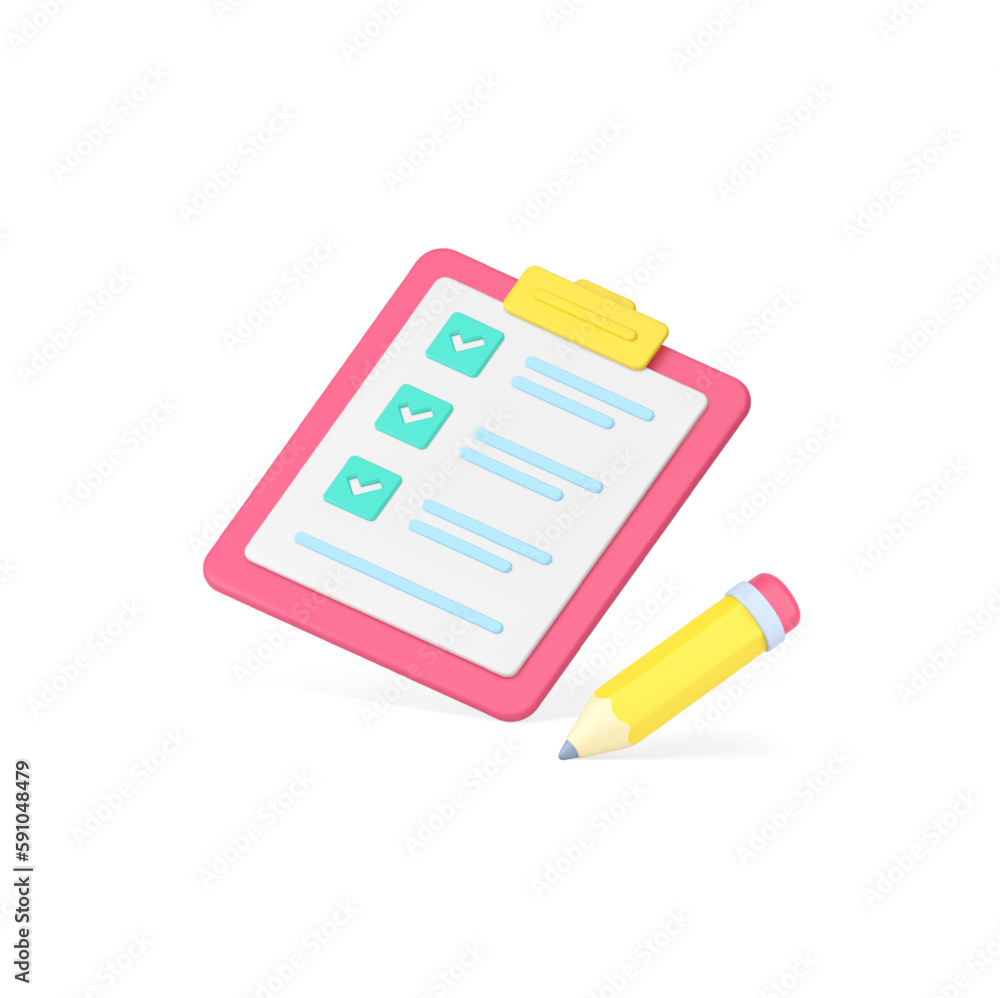 Poster to do list complete notes writing task checkmark done clipboard pencil 3d icon realistic vector