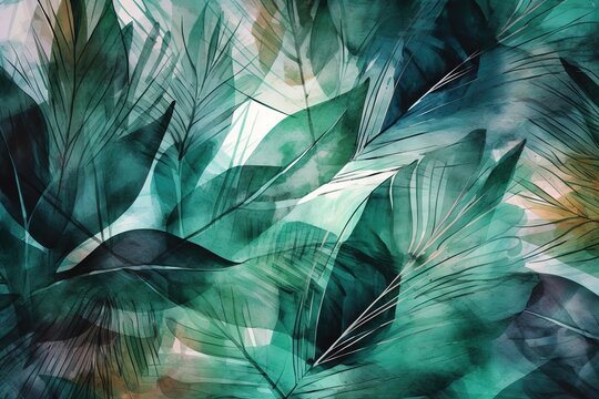 Abstract background of leaves and flowers in the style of painting.Beautiful, minimalistic print for your decor for postcard, congratulations and poster. Generative AI