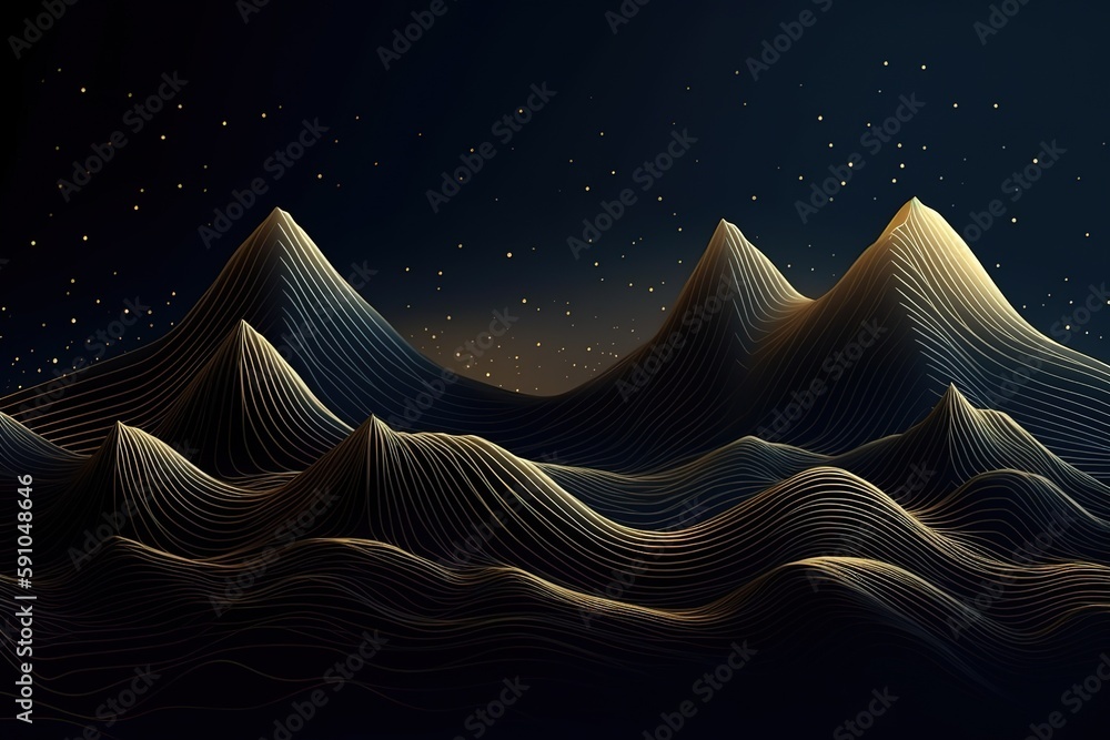 Poster abstract background of blue mountains with golden elements.beautiful, minimalistic print for your de