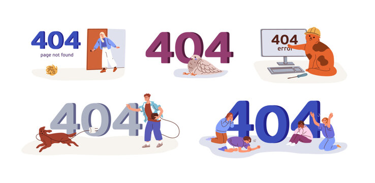 404 error page designs set. Web site problem, failure, website access denied concept. Unavailable webpage, inaccessible network mistake. Flat graphic vector illustration isolated on white background