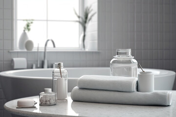 Fototapeta na wymiar Toiletries, bath containers, and towels on a tabletop, with montage space in the background over a Scandinavian minimalist bathroom interior