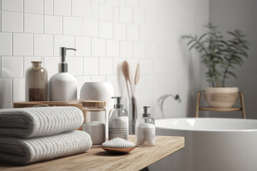 Fototapeta premium Toiletries, bath containers, and towels on a tabletop, with montage space in the background over a Scandinavian minimalist bathroom interior