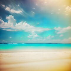 Obraz premium Abstract blur defocused background. Tropical summer beach with golden sand, turquoise ocean and blue sky with white clouds on bright sunny day. Colorful landscape for summer holidays Generative AI