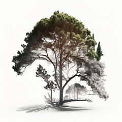 Tree cut out isolated transparent background 3d rendering white green leaves dried canopy conifer brown tree trunk mellow branch Generative AI 